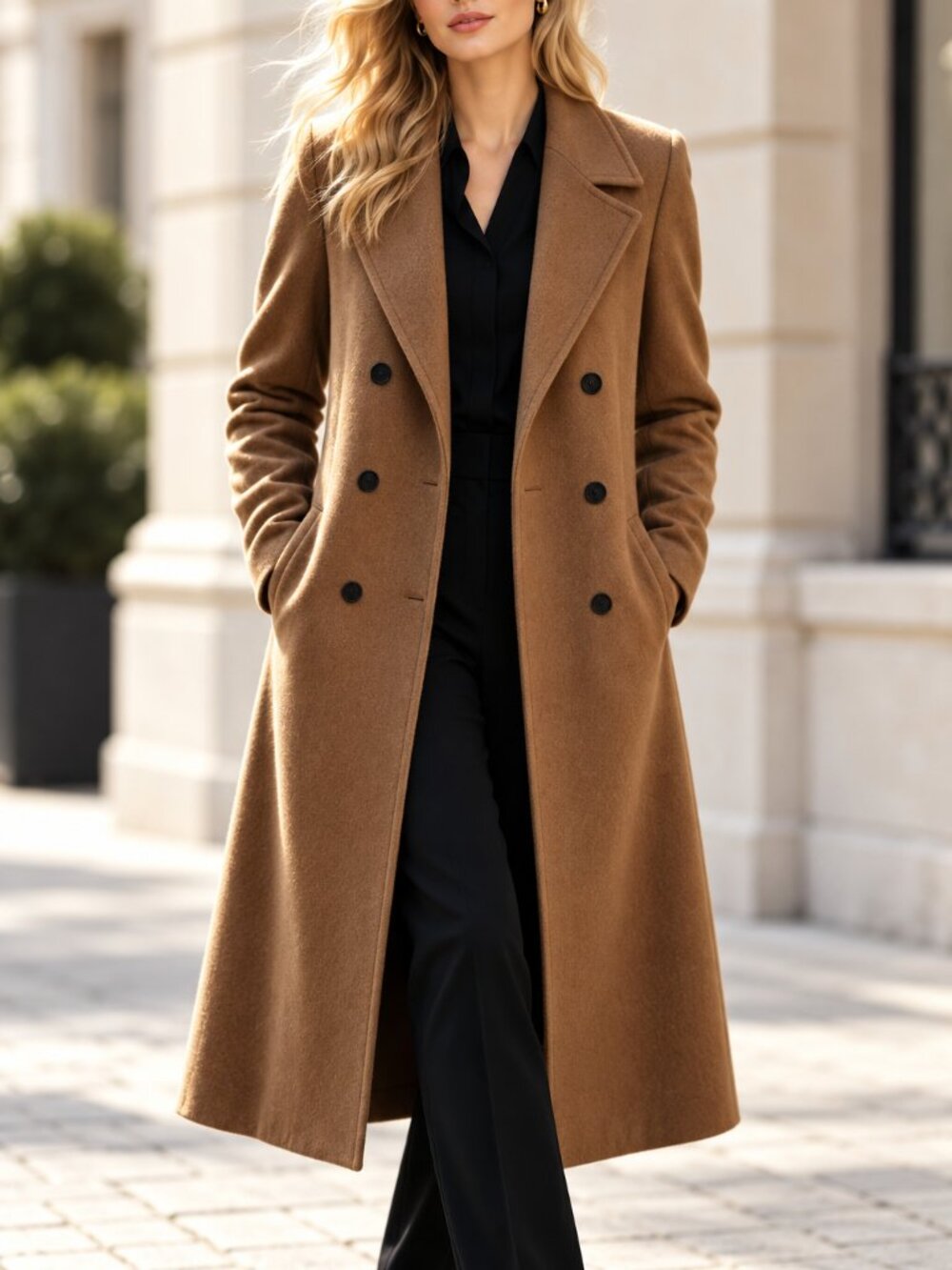 Women's Double Breasted Lapel Collar Coat Classic Long Sleeve Outerwear